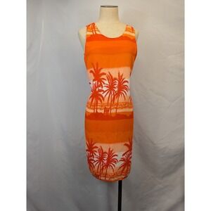 Orange Palm Tree Sunset Dress Coastal Beach Vacation Tropical Sleeveless Sz Lrg